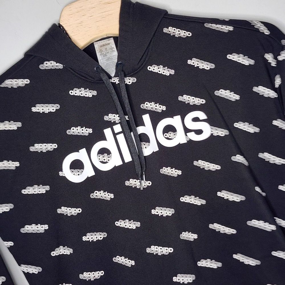 Adidas Pullover Hoodie Black & White All Over Print Pockets Men's Size XL